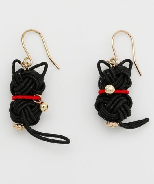 Mizuhiki Cat Earrings - Black