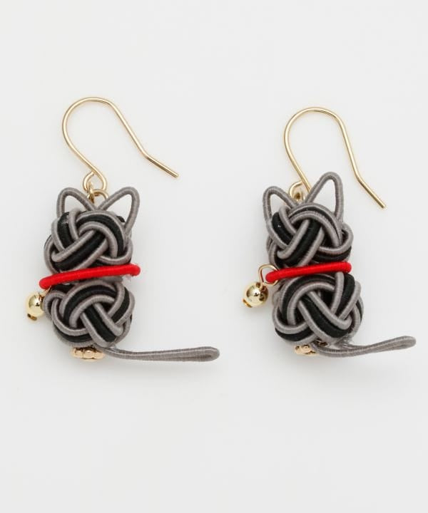 Mizuhiki Cat Earrings - Gray mix