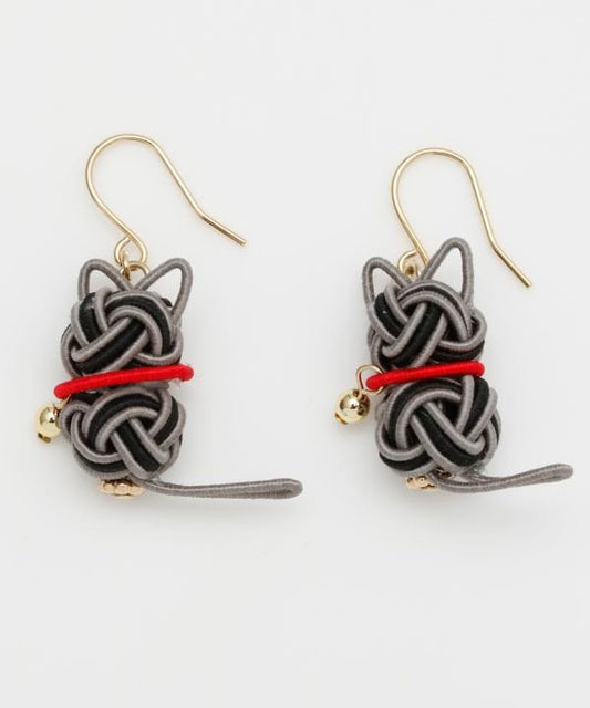 Mizuhiki Cat Earrings - Gray mix
