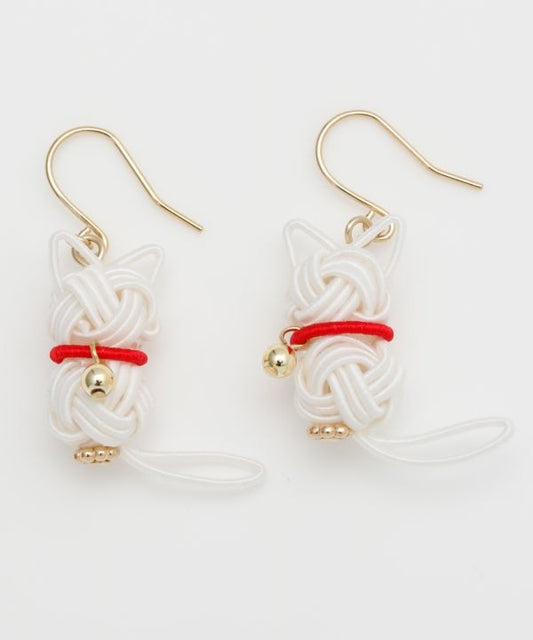 Mizuhiki Cat Earrings - White