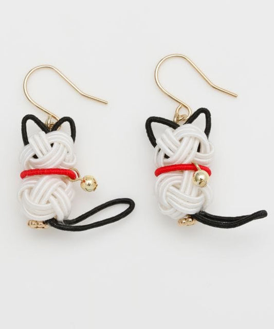 Mizuhiki Cat Earrings - White with black ears